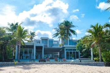 Modern house with a swimming pool, modern pool villa at the beach, luxury villa